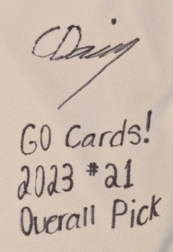 Chase Davis Autographed "Go Cards! 2023 #21 Overall Draft Pick" Cardinals Replica Jersey