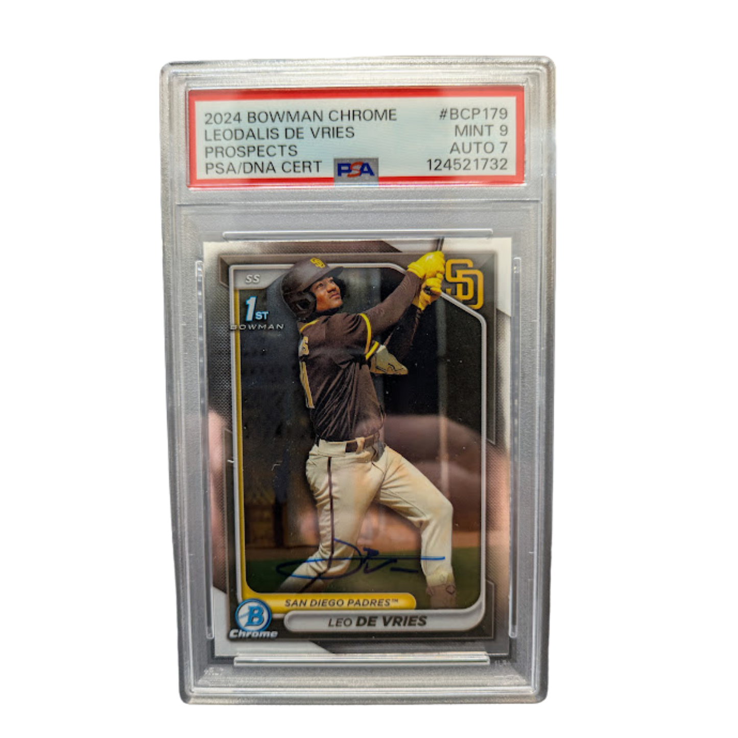 Leo De Vries Autographed 2024 1st Bowman Chrome Rookie Card PSA Graded MINT 9 AUTO 7