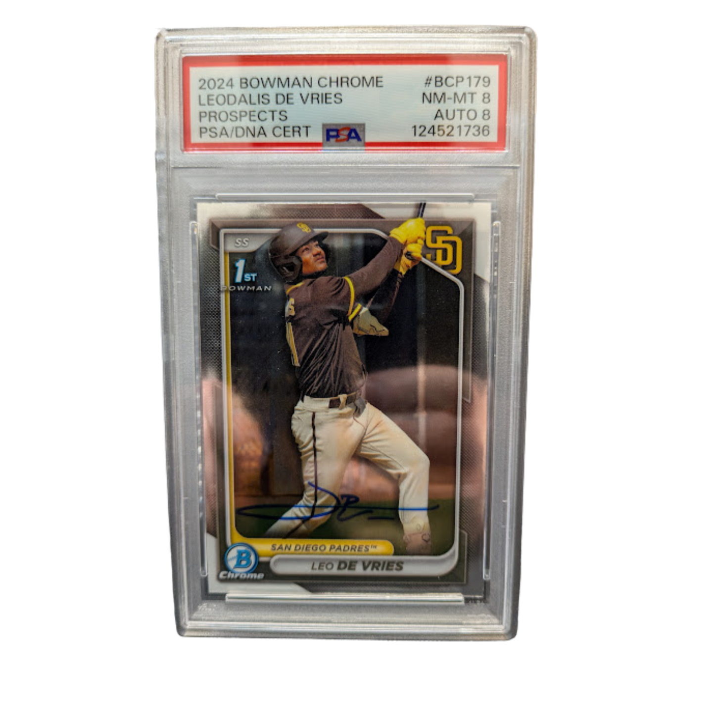 Leo De Vries Autographed 2024 1st Bowman Chrome Rookie Card PSA Graded NM-MT 8 AUTO 8
