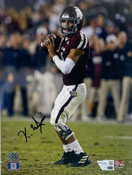 Kellen Mond Autographed Texas A&M 8x10 - Maroon Jersey Dropping Back