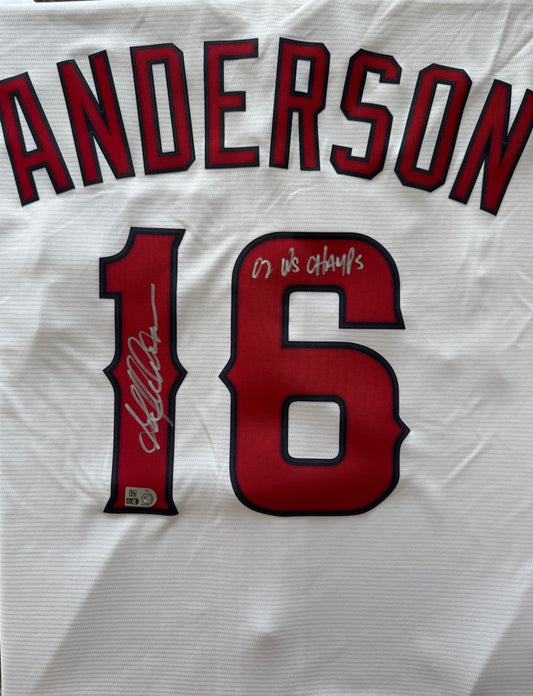 Garret Anderson Autographed "02 WS Champs" White Angels Replica Jersey