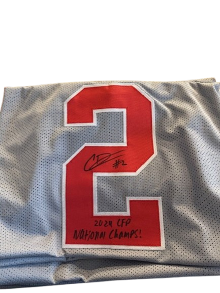 Caleb Downs Autographed "2024 CFP National Champs" Gray Ohio State Custom Jersey