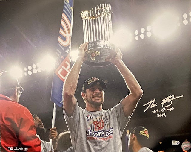 Max Scherzer Autographed "2019 WS Champs" Trophy Celebration 16x20