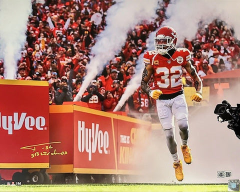 Tyrann Mathieu Autographed "SB LIV Champs" 16x20 - Chiefs Running on Field