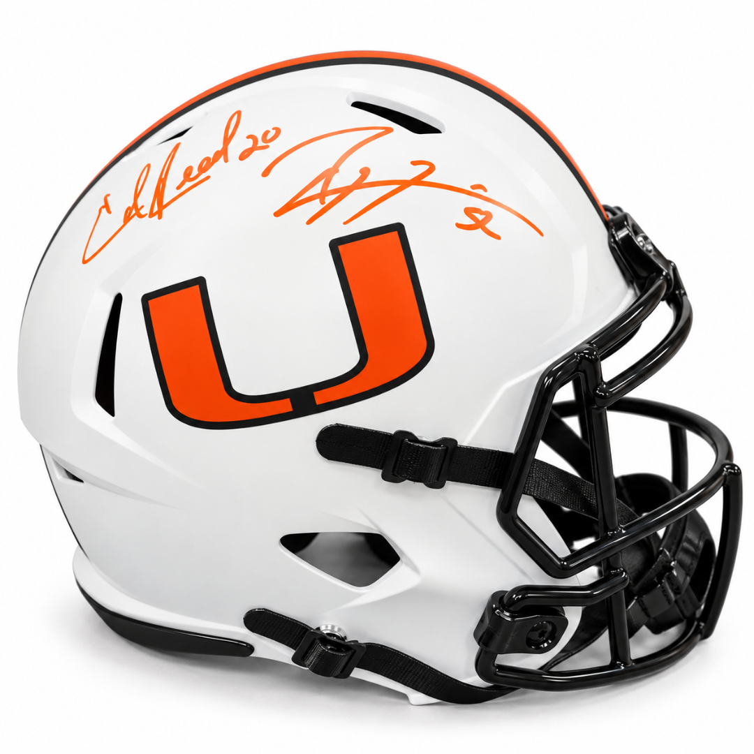 Ed Reed & Ray Lewis Autographed Miami Hurricanes White Lunar Full-Size Replica Helmet