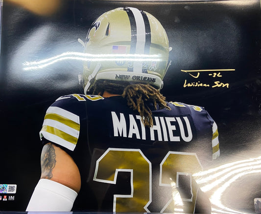 Tyrann Mathieu Autographed "Louisiana Son" 16x20 - Saints Back Close Up