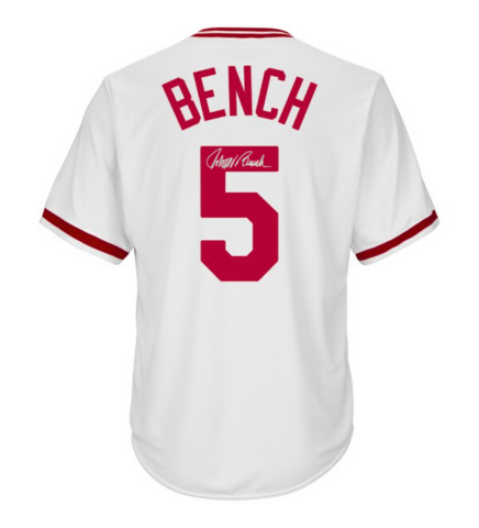 Johnny Bench Autographed Reds White Nike Cooperstown Collection Replica Jersey