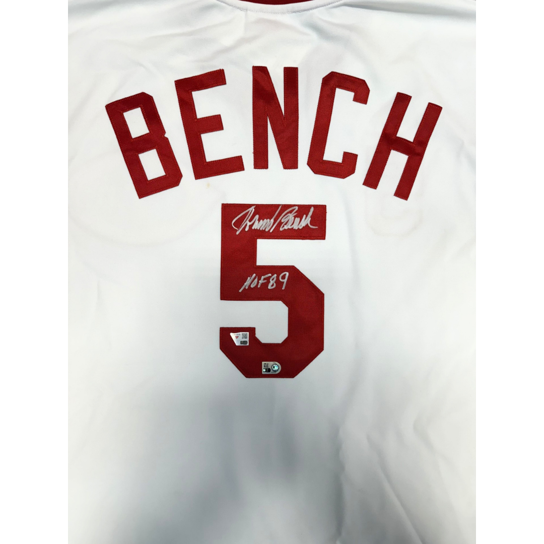 Johnny Bench Autographed "HOF 89" White Cincinnati Reds 1975 Mitchell and Ness Authentic Jersey