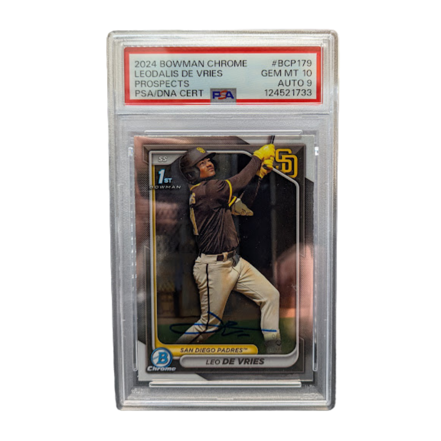 Leo De Vries Autographed 2024 1st Bowman Chrome Rookie Card PSA Graded GEM MINT 10 AUTO 9