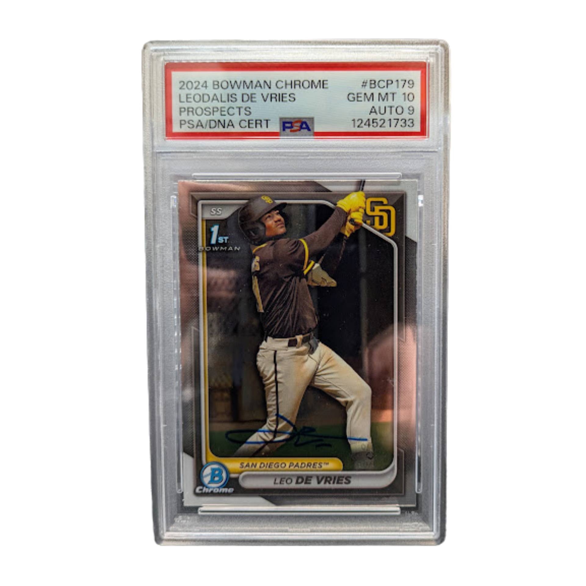 Leo De Vries Autographed 2024 1st Bowman Chrome Rookie Card PSA Graded GEM MINT 10 AUTO 9