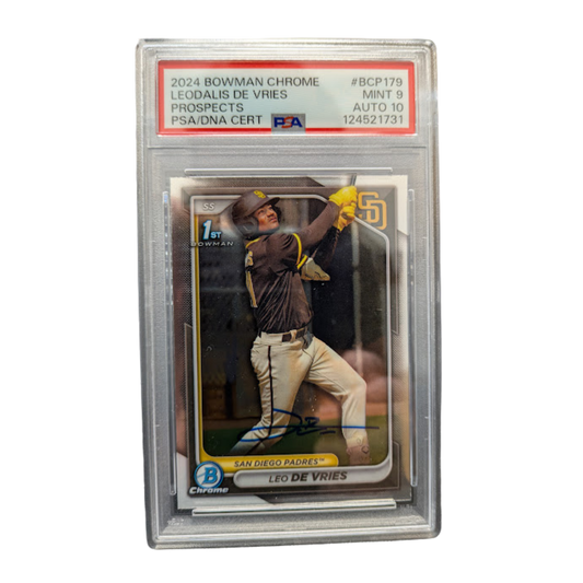 Leo De Vries Autographed 2024 1st Bowman Chrome Rookie Card PSA Graded MINT 9 AUTO 10