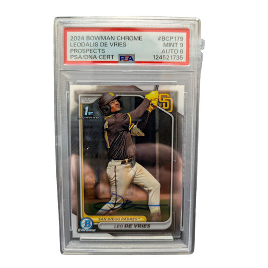 Leo De Vries Autographed 2024 1st Bowman Chrome Rookie Card PSA Graded MINT 9 AUTO 8