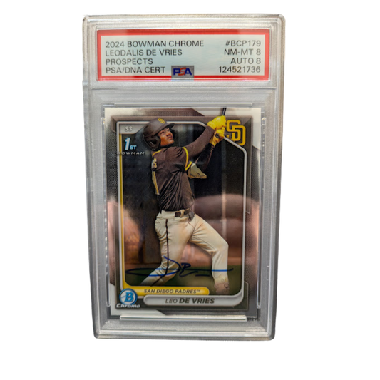 Leo De Vries Autographed 2024 1st Bowman Chrome Rookie Card PSA Graded NM-MT 8 AUTO 8
