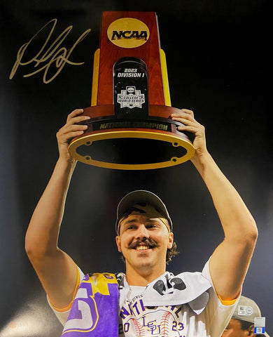 Paul Skenes Autographed 16x20 - LSU Holding Trophy