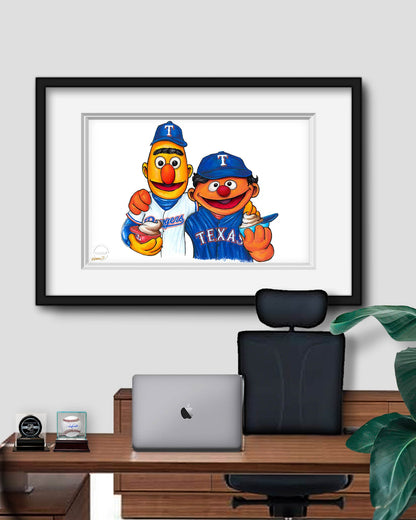 Bert and Ernie x MLB Rangers Limited Edition Art Print