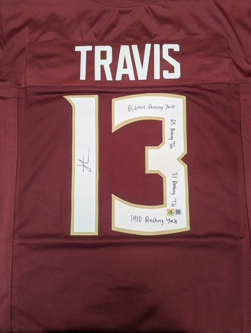 Jordan Travis Autographed "8,644 Passing yards, 65 Passing TD's, 1,910 Rushing Yards, 31 Rushing TD's" Maroon Custom Jersey